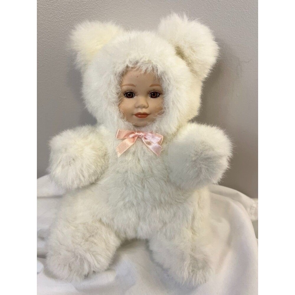 Vintage Porcelain Face Plush Teddy Bear Doll White Fur Pink Bow 1990s